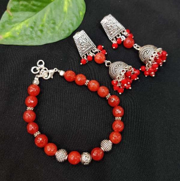 Red Coral Cylindrical Beads in Designer Silver Caps Bracelet  Rudraksha  Ratna