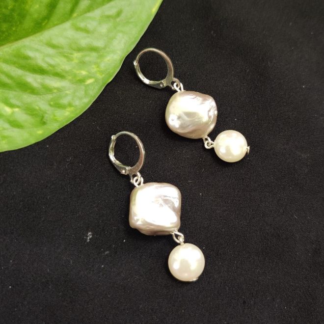 Mother Of Pearl Bracelet + Earrings, Grey And Cream