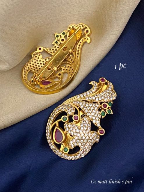 CZ & Ruby Stones Flowers Design With Pearls Drops Gold Plated Finish Saree  Pin Buy Online